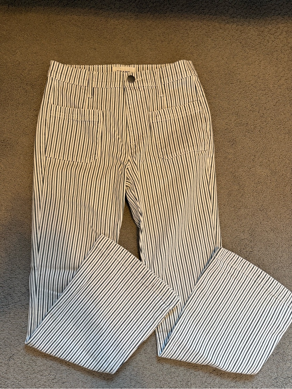 Frame Le Bardot Crop Flare Black and White Striped Denim Pants | Size 25